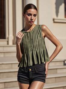 Women's Pleated Tank Tops Loose Fit Stylish Button Up Crew Neck Sleeveless Vest For Summer  Spring