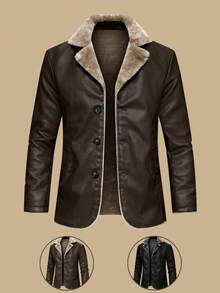 Men's Leather Jacket, Mid-Length Thickened Thermal Lined Suit Jacket, Casual Business Formal Wear, Lapel Collar Single-Breasted Jacket, Heavyweight Washed Fabric Soft Flannel Lining - Brown - View 2