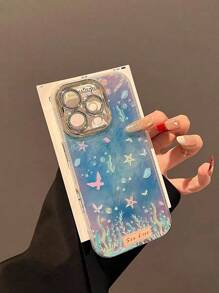 1 pieza Funda de teléfono con estilo tie-dye azul de mar y algas compatible con iPhone 16 ProMax, nueva cubierta protectora de teléfono sin marco y diseño de niña compatible con iPhone 15pro, 13, 14 Plus