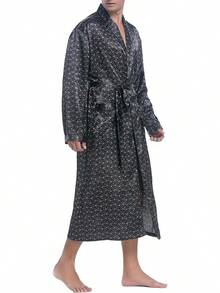 Lavenderi Mens Silky Satin Lounge Robe, Long Lightweight Sleepwear - Grey Print - View 2