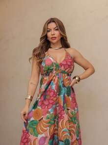 vestido longo com bojo estampa 3D multicolorido novo modelo atras com amarrar costas nua - Rosa empoeirado - Visão 3