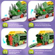 儿童三角龙吞咽变形轨道车发射器合金车滑行收纳玩具车套装，万圣节和圣诞节礼物（包括 4 辆合金车，款式和颜色随机）