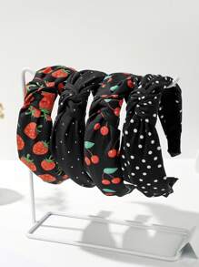 4 peças/Conjunto Cor Sólida de Tecido, Strass, Cereja, Morango, Melancia, Maçã, Poá, Xadrez, Floral Padrão Elástico Largo, Faixa de Cabelo, Acessórios para Cabelo, Diadema, Tiara
