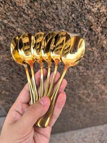 6件/8件不锈钢勺子套装金色茶匙咖啡勺适用于家庭/餐厅/酒店使用