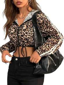 CMC Women Leopard Print Short Hooded Jacket, Zipper Long Sleeve Hooded Streetwear Outerwear