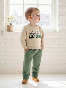 Toddler Baby Boy Clothes Auntie's Lil' Dude Print Long Sleeve Sweatshirt Pullover Top Solid Pants Set Fall Winter Outfit 2Pcs - 卡其色 - 查看 3