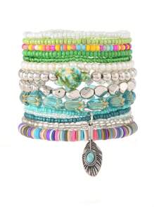11 Peças/Conjunto Pulseira Elástica Multicamadas de Mulher com Contas, Pulseira Elegante e da Moda para Uso Diário