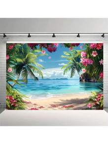 1 Piece, Hawaiian Beach Background, Tropical Floral Palm Design, Ocean Beach Photography Background, Suitable For Hawaiian Party Theme Decoration, Indoor And Outdoor Use