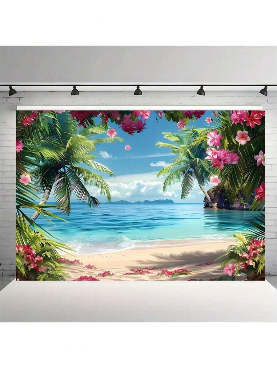 1 Piece, Hawaiian Beach Background, Tropical Floral Palm Design, Ocean Beach Photography Background, Suitable For Hawaiian Party Theme Decoration, Indoor And Outdoor Use