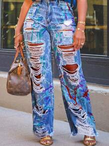 2025 New Women's Fashion Jeans Pants Graffiti Print Hollow Out Tassel Denim Straight Pants Jeans For Lady Women, Women Fall Clothes, Winter Outfits For Women,  Graphics Pants,Jeans Women,Baggy Jeans