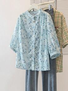 YUXIN Summer Loose Retro Ditsy Floral Stand Collar 3/4 Sleeve Blouse For Women