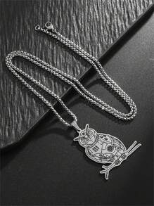 1pc Fashion Stainless Steel Flat Mechanical Doll, Owl Animal Pendant Necklace, Unisex Jewelry Casual Gift