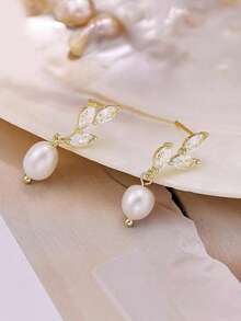 1 对女士时尚叶子和珍珠吊坠耳环，优雅锆石叶子珍珠吊坠耳环，送给她的珠宝礼物 - 珍珠 - 查看 6