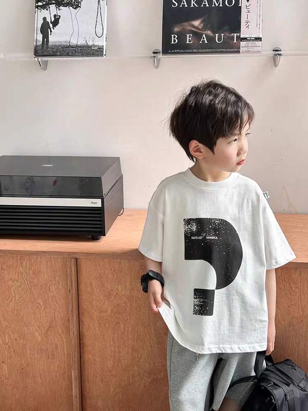 Boys Casual Print Round Neck Short Sleeve T-Shirt Summer Student Youth Kids Clothing