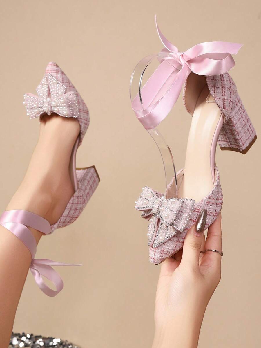 2025 年秋冬优雅蝴蝶水钻装饰系带粗跟高跟鞋，女士正式派对鞋，加大码珍珠蝴蝶细节凉鞋，优雅