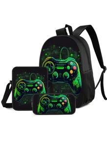 3 Pieces Set Backpack For Boys Girls, Kids Game Controller Patterned Backpack For Teens Elementary Middle High School Students, Large Capacity School Bags With Shoulder Bags And Pencil Case For Back To School Gift
