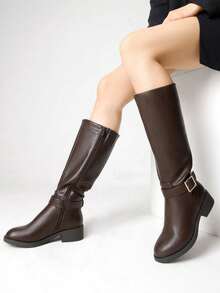 Women's Knee-High Boots, Comfortable Chunky Block Heel Pointed Toe Pull On Side Zipper Suede Slouch Riding Boots - 棕色 - 查看 5