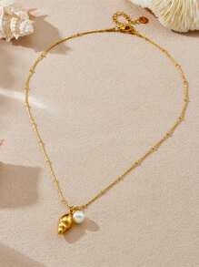 1 Piece Of Fashionable, Simple And Versatile Gold-Plated Smooth Surface Conch Faux Pearl Accessory Pendant Chain Stainless Steel Jewelry Necklace