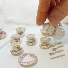 15pcs Miniature Porcelain Tea Cup Set, Vintage Flower Pattern Dollhouse Kitchen Ceramic Teapot & Dish Set,Miniature Cups,Tea Party Set,Miniature Cup - Multicolor - View 23