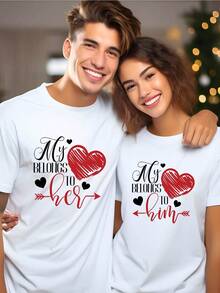 [Valentine's Day Couple Tee] Valentine's Day Couple T-Shirt - 220G Print Round Neck Short-Sleeved For Men And Women - My Heart Belongs To Her-He Print, Anniversary Gift, Casual Sports Loose Fit - Phụ nữ da trắng - Xem 1
