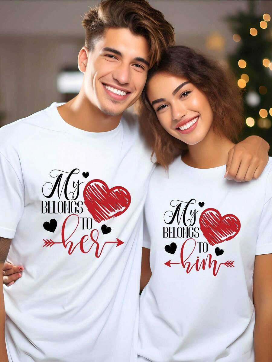 [Valentine's Day Couple Tee] Valentine's Day Couple T-Shirt - 220G Print Round Neck Short-Sleeved For Men And Women - My Heart Belongs To Her-He Print, Anniversary Gift, Casual Sports Loose Fit - Phụ nữ da trắng - Xem 1