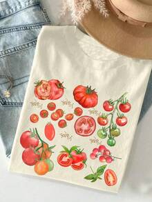 Áo thun nữ mùa hè in họa tiết cà chua cổ tròn tay ngắn đơn giản thường ngày, áo thun nữ hình trái cây, quần áo mùa hè hình cây cối cho nữ, áo thun mùa hè hình rau củ làm vườn - Màu be - Xem 2