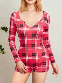 Women's Sexy Romper Shorts, Funny Print Long Sleeve Button Down Deep V Neck Bodysuit - Cuadros rojos y negros - Ver 8