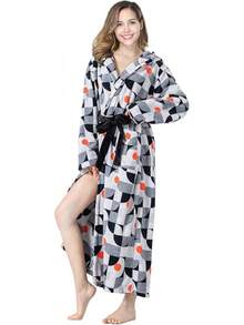 Womens Robes  Fleece Hooded Bathrobe Thick Nightgown With Pockets Fluffy Sleepwear - Geometry - 查看 1