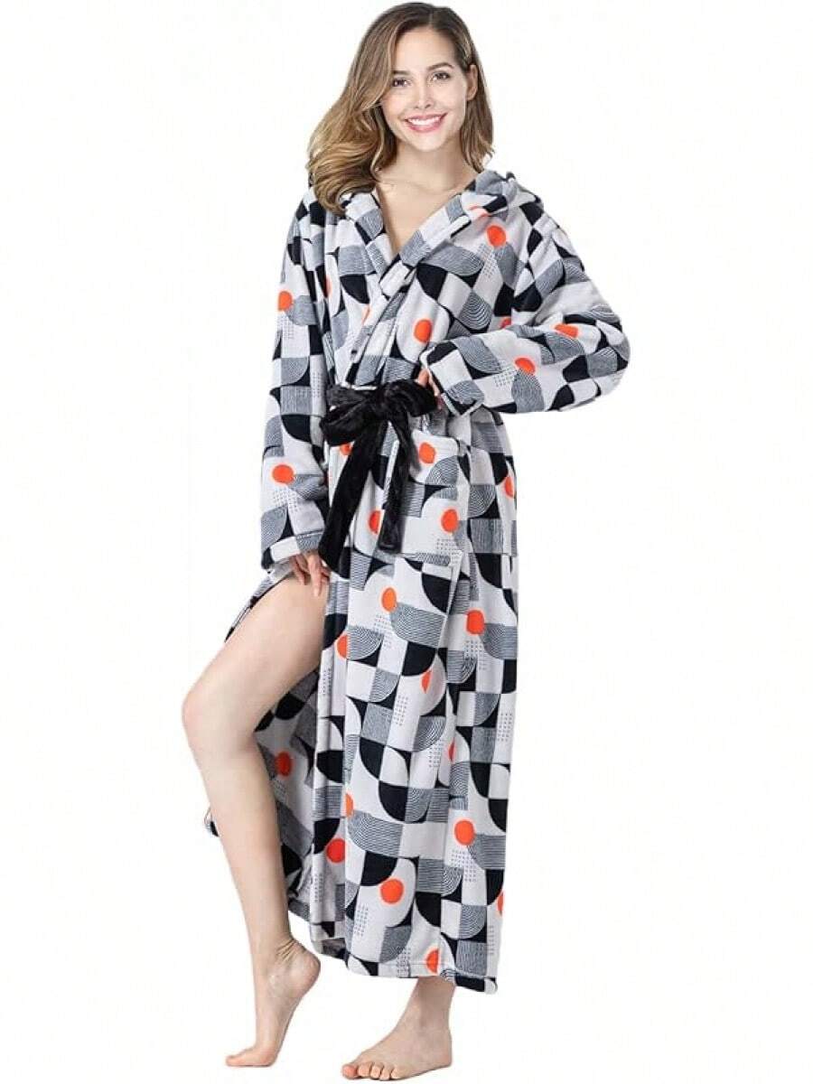 Womens Robes  Fleece Hooded Bathrobe Thick Nightgown With Pockets Fluffy Sleepwear - Geometry - 查看 1