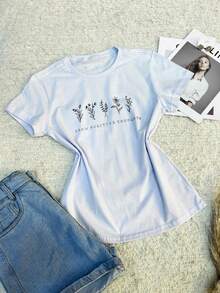 Women's Cotton Crew Neck Plain 100% Cotton Casual Fashion Grass Pattern T-Shirt Blouse - 黑與白 - View 2