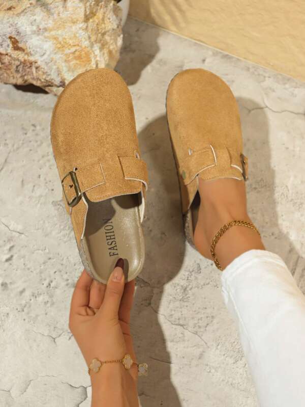 Bohemian Casual Suede Mule Slippers - Buckle Strap Design, Comfortable For Daily & Home Wear, Women's Slip-On Footwear