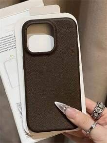 Funda para teléfono (1 unidad), lujosa, color sólido, con estampado de cuero de lichi, TPU suave, compatible con phone 12, 13, 14, 15, 16 - Marrón - Ver 2