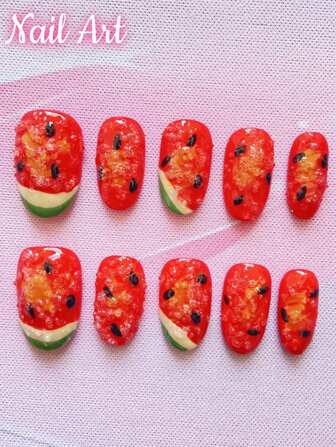 10 片手工按压指甲，假指甲，夏季指甲，美甲艺术，手绘西瓜图案，椭圆形按压指甲，短按压指甲，适合女士和女孩日常或假日佩戴，高端品质。美甲用品指甲