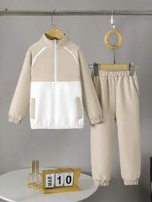 两件套幼儿男童半拉链长袖上衣和裤子套装，休闲运动风格，秋冬 - 卡其色 - 查看 3