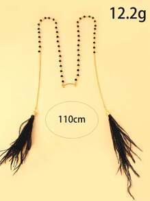 1pc Black Beaded Face Chain With Black Feather Tassel And Nose Bridge, Gold-Color