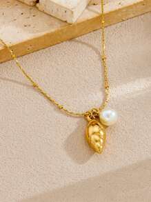 1 Piece Of Fashionable, Simple And Versatile Gold-Plated Smooth Surface Conch Faux Pearl Accessory Pendant Chain Stainless Steel Jewelry Necklace