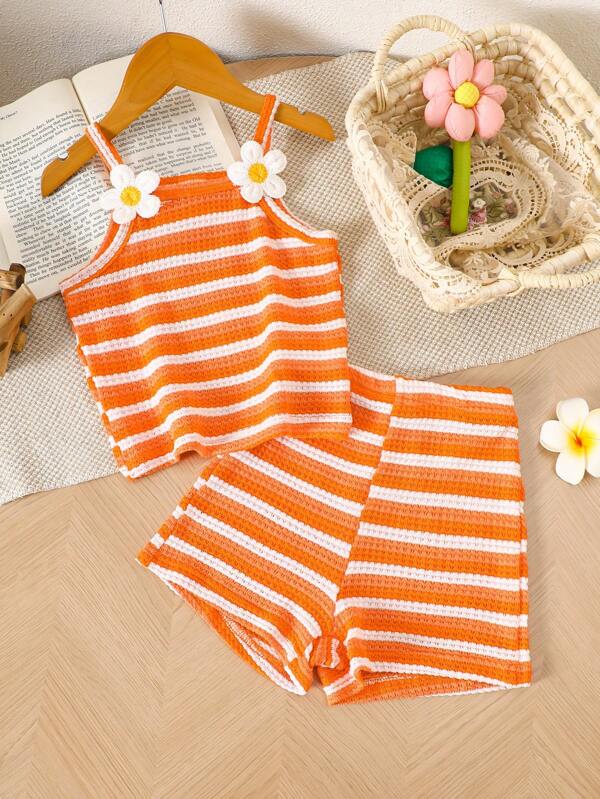 2pcs/Set Young Girls Casual Vacation Orange Flower Tank Top And Striped Shorts Set, Suitable For Daily Wear, Summer, Beach, Vacation