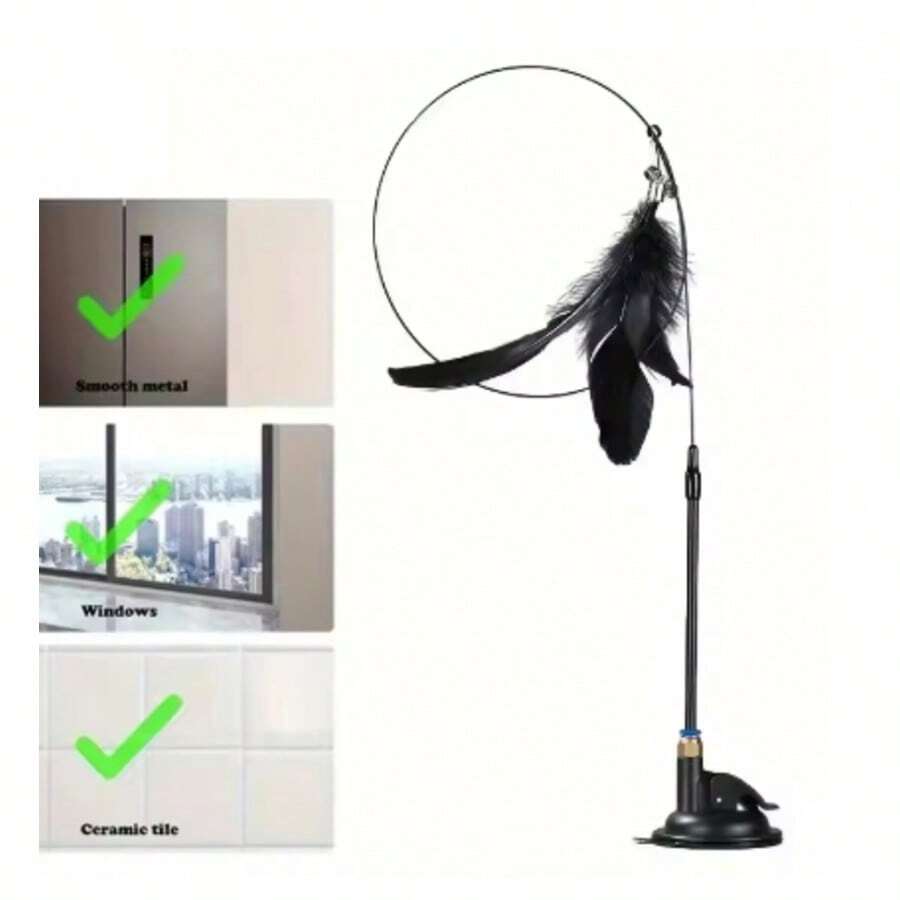 Cat Teaser Toy - Interactive Bell & Feather Wand - Long Suction Cup Pole For Exciting Playtime Adventures - Ultimate Cat Toy