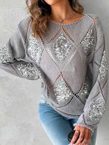 Apperloth A Fall/Winter Clothes For Women Sweater Splicing Sequins Hollow Out Semi-Sheer Rolled Edge Long Sleeve Tops Crew Neck Knit Pullover Without Vest Business Casual Daily Wear Christmas Clothes Old Money Style﻿