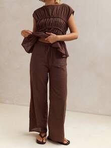Women's Smocked Ruched Tops Cap Sleeve Round Neck Solid Color T-Shirts Summer Tops - Mocha Brown - View 5