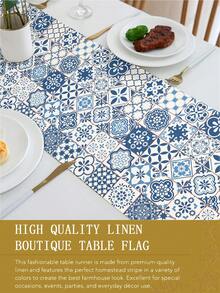 1pc Bohemian Blue & White Tile Pattern Polyester Tablecloth, Rectangular, Suitable For Kitchen, Dining Room Decor, Home Gatherings And Home Decoration - Blue - View 10