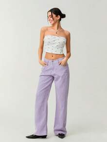 Womens High Rise Jeans Retro Classic Striped Print Wide Leg Denim Pants Boyfriend Jeans With Pockets - Purple - View 5