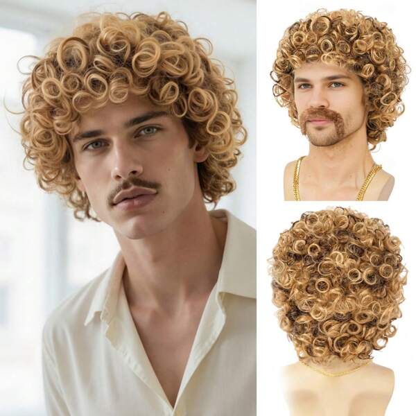 Herren Perücken 70er 80er Jahre Disco Hippies Afro Perücke Kurze lockige Männerperücke Blond gemischt mit Braun Halloween Kostümperücke