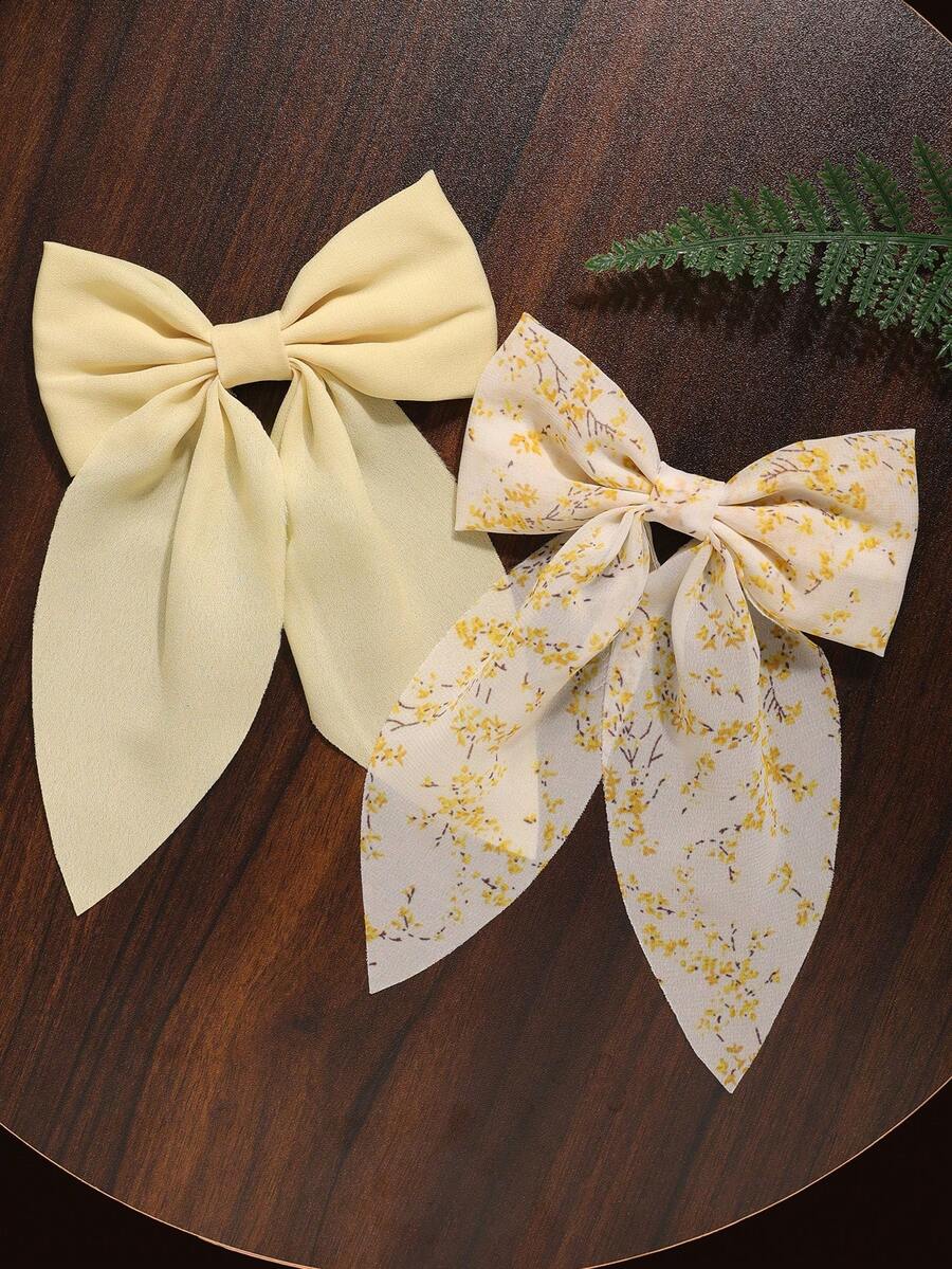 两件套黄色雪纺花朵蝴蝶结发夹，带飘带，休闲波西米亚宫廷风派对可爱街头优雅风，四季皆宜，涤纶材质，发饰，夏季配饰，爪夹，发夹，发卡，发爪，蝴蝶结，发饰，头饰，发夹 - 黃色 - 查看 1