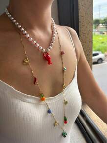 Monlansher New Arrival Women Stainless Steel Multi-Pendant Necklace, Featuring Ceramic, Glaze, Enamel And Stainless Steel Elements In Design, Versatile & Fashionable Long Necklace