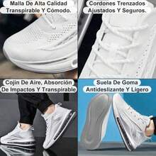 Zapatillas de tenis para hombre, deportivas informales de suela gruesa, ligeras, antideslizantes y a prueba de golpes. - Blanco - Ver 3