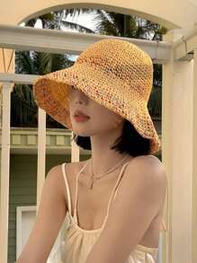 1 Peça Chapéu de Sol de Palha Dobrável Feminino - Aba Larga, Chapéu Balde Respirável, Leve para Férias de Verão, Praia, Atividades ao Ar Livre, Chapéu de Praia, Acessório de Viagem, Roupa de Praia Estilosa, Construção Durável, Amantes de Viagem, Essenciais de Férias