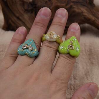 Y2K Enamel Drop Oil Heart Colorful Rings For Women Girls Korean Fashion Cute Aesthetic Pink Green Flower Ring Jewelry Accessories