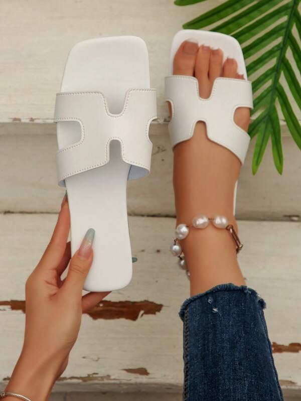 Women's Fashion Versatile Minimalist Flat Sandals, Summer Vacation Style White Slide Sandals