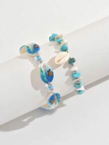 1 peça de tornozeleira de camada dupla essencial para praia e verão, cor azul e branca, fresca e charmosa com elementos de estrelas do mar e conchas, acabamento delicado e uso confortável